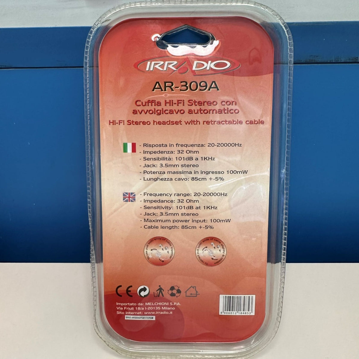 CUFFIE STEREO CON AVVOLGICAVO AUTOMATICO AR-309A IRRADIO